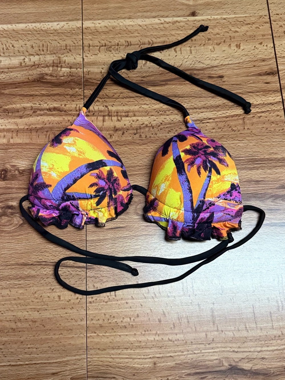 Tropical Palm Triangle Bikini Top Lettuce Trim- Orange & Purple- Women Swim
